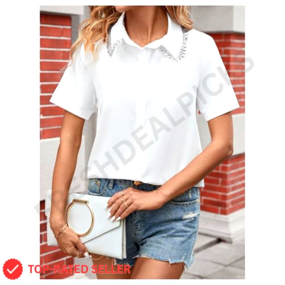 Rhinestone Collared Button Down Blouse Office Wor… - image 5